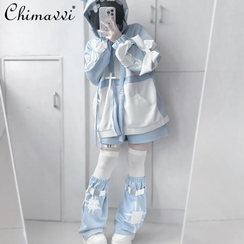 

Original Anime Soft Girl Subculture Y2K Shorts Set Japanese Long Sleeve Loose Hooded Jacket Shorts Leg Warmers Women 3-Piece Set