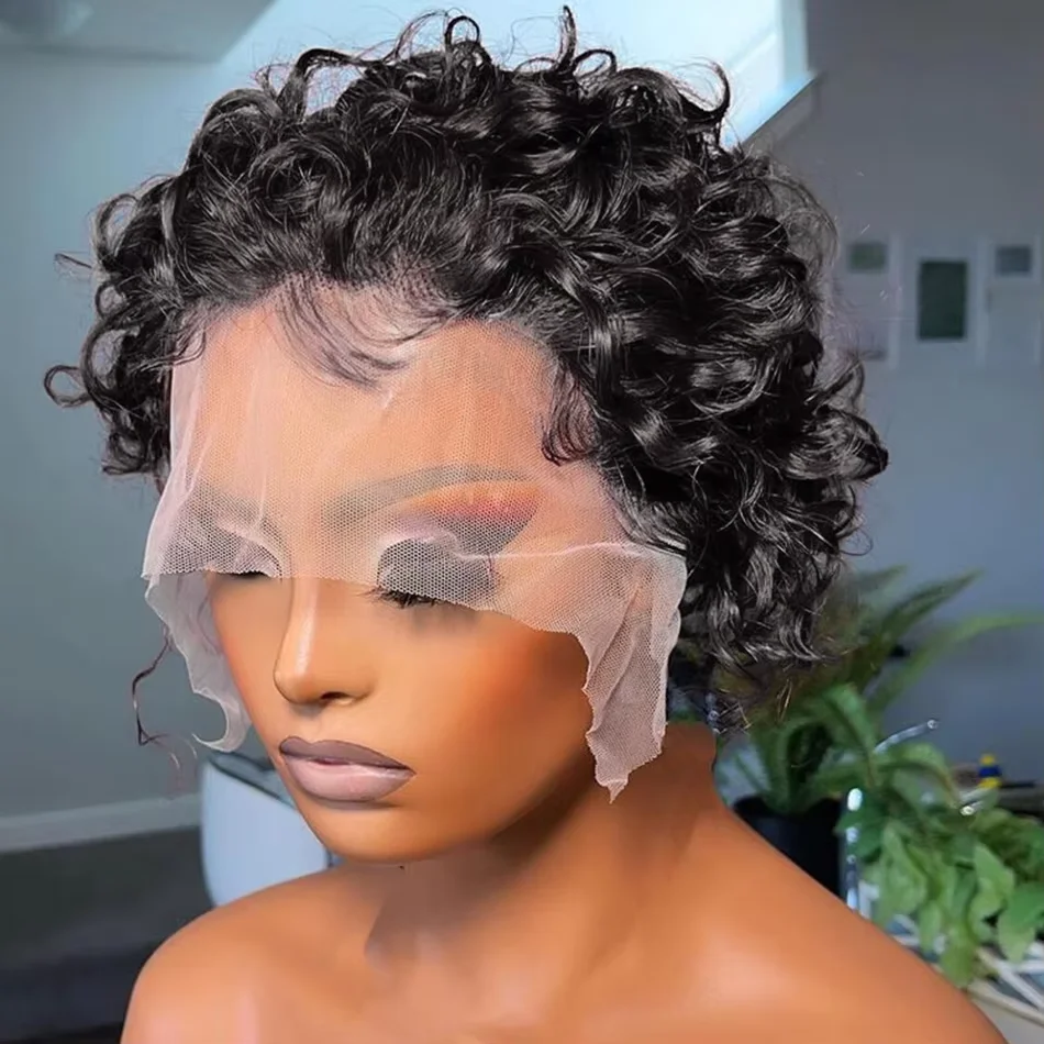 Brazilian Pixie Cut Wig Short Bob Jeery Curly Human Hair Wigs Preplucked Hairline 13X1 HD Transparent Lace Frontal Wig For Women