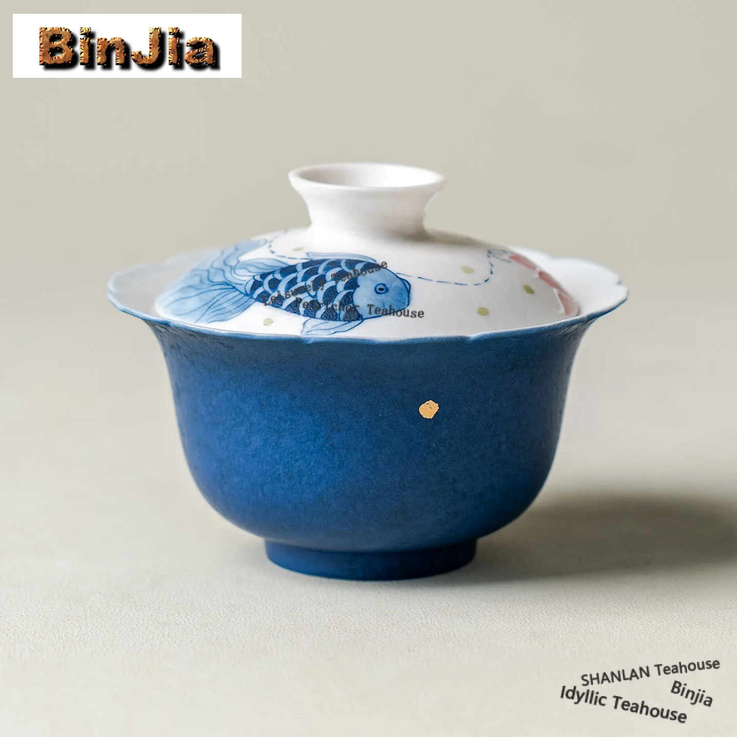 

120ml Hand-painted Blue Koi Gaiwan Japanese Not Hot Tea Tureen Tea Bowl with Lid Kit Tea Maker Cover Bowl Tea Ceremony Craft