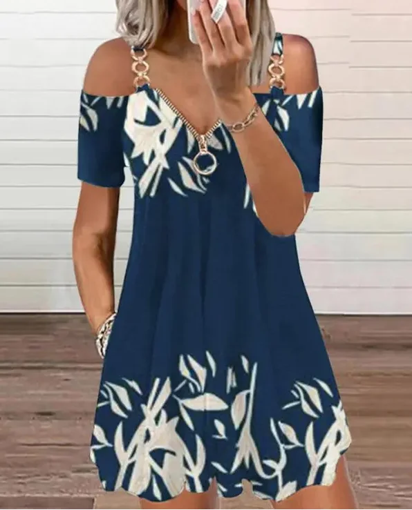 

2026 Summer Woman Chic Casual Tribal Print Chain Decor Cold Shoulder Short Sleeve Swing Mini Daily Dress