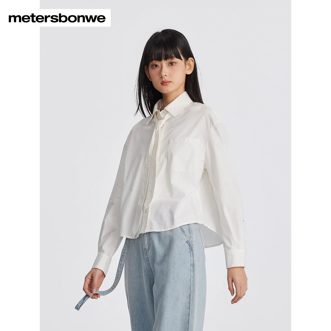 Metersbonwe-Women's Long Sleeves blouse 100%Cotton Detachable Ribbon New Simple Shirts Campus Daily Travel Leisure Autumn Winter