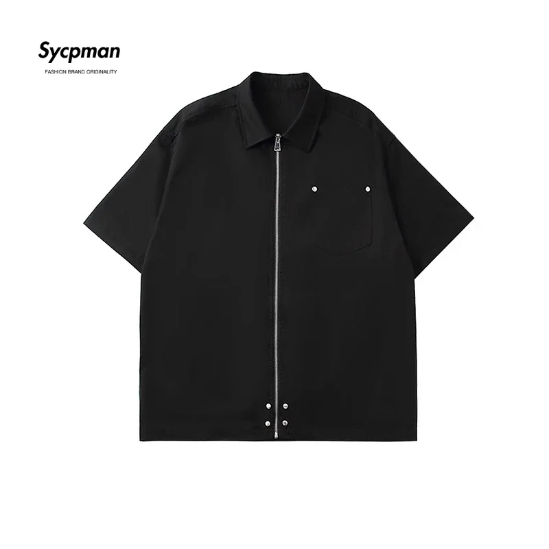 

Sycpman Oversize American Vintage Black Zipper Short Sleeve Shirt Men Women Fashion Loose Versatile Top Ropa Hip Hop Hombre