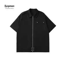 Sycpman Oversize American Vintage Black Zipper Short Sleeve Shirt Men Women Fashion Loose Versatile Top Ropa Hip Hop Hombre