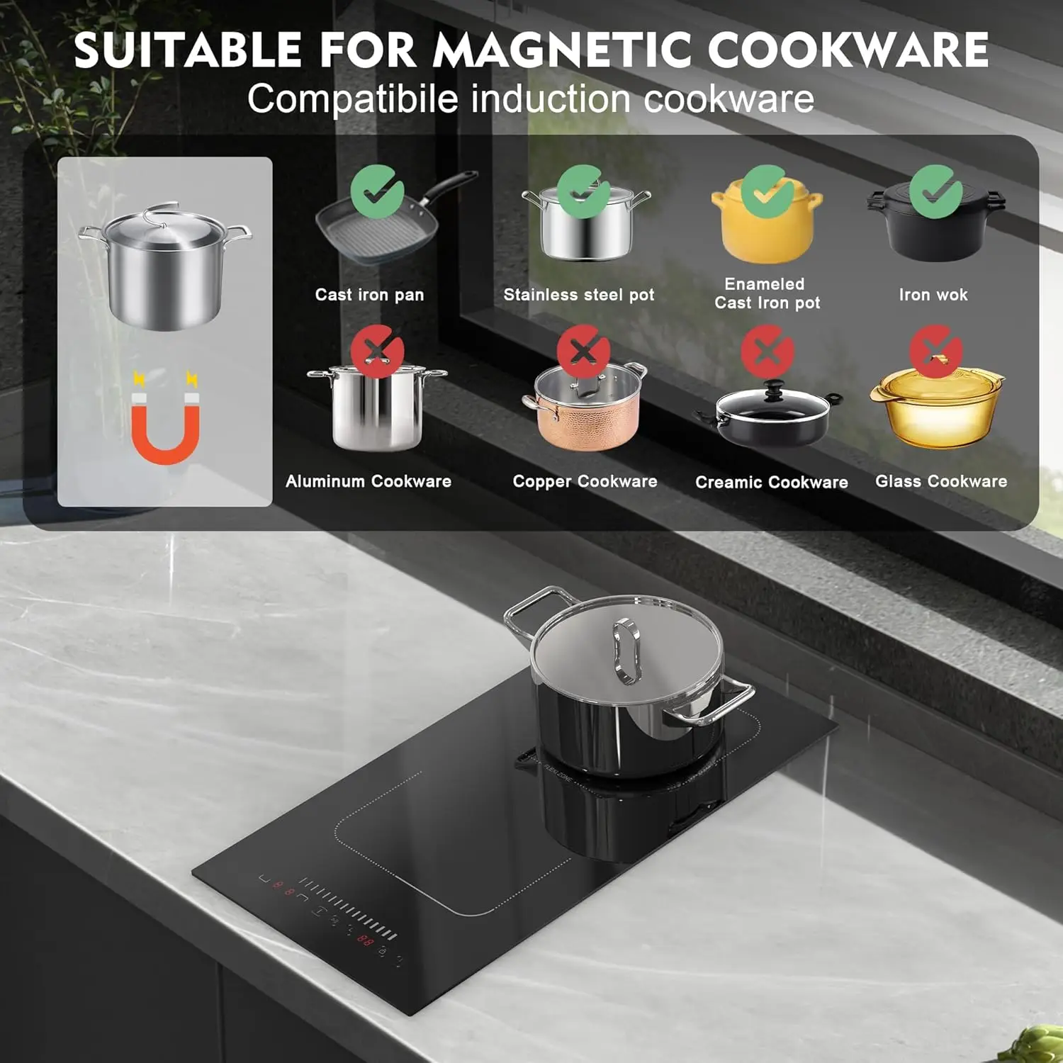 Karinear Induction Cooktop 2 Burners, 3500W, 12'' Built-in Induction Stovetop with combined Zone, Safety Lock, Timer, Pause