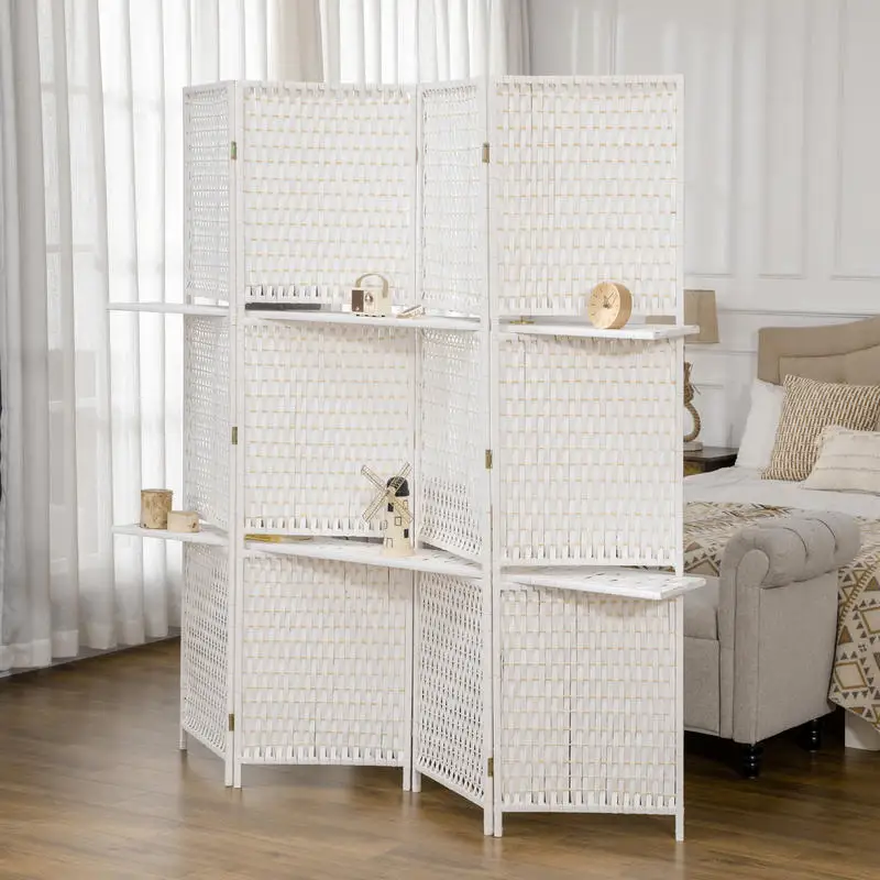 Paravent de séparation de pièce 181x180cm - Paravent pliant à 4 panneaux avec 2 étagères - Matériaux en bois de pin et bambou - Idéal pour chambre, salon, bureau, balcon - Paravent multifonctionnel pour l'intimité