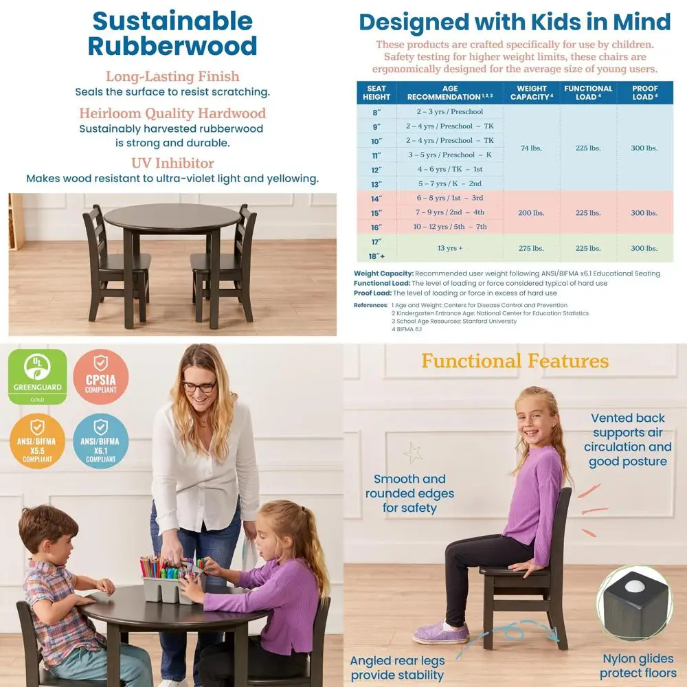 

Детский комплект из 3 предметов: стол и стулья из твердой древесины, серого цвета, с высотой сиденья 12 дюймов.