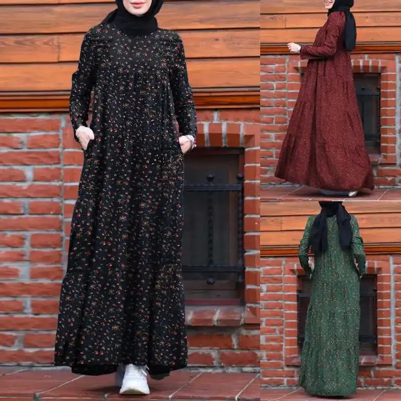 Women dress Eid Muslim Abayas O Neck Print Dubai Abaya Long Robe Zippers Loose Ramadan Morocco Patchwork Casual Pleated Pockets