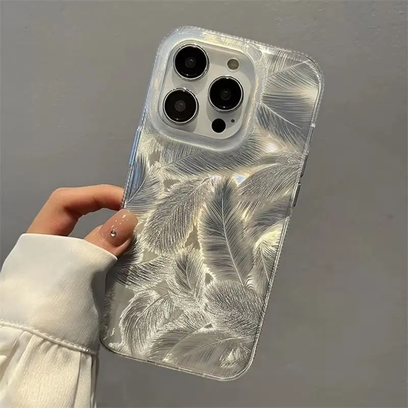 Fashion Laser Gradient Feather Pattern Phone Case for iPhone 16 15 14 Plus 13 12 11 Pro Max 15Pro 14Pro Shockproof Silicone Cove image 3