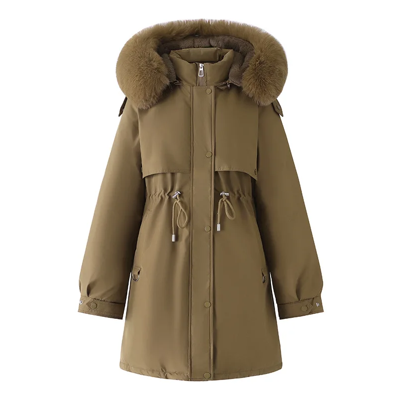 Parka da donna aderente in vita Autunno Inverno Moda Collo in pelliccia Giacca ispessita foderata in pile Tasche larghe con cerniera Capispalla in cotone