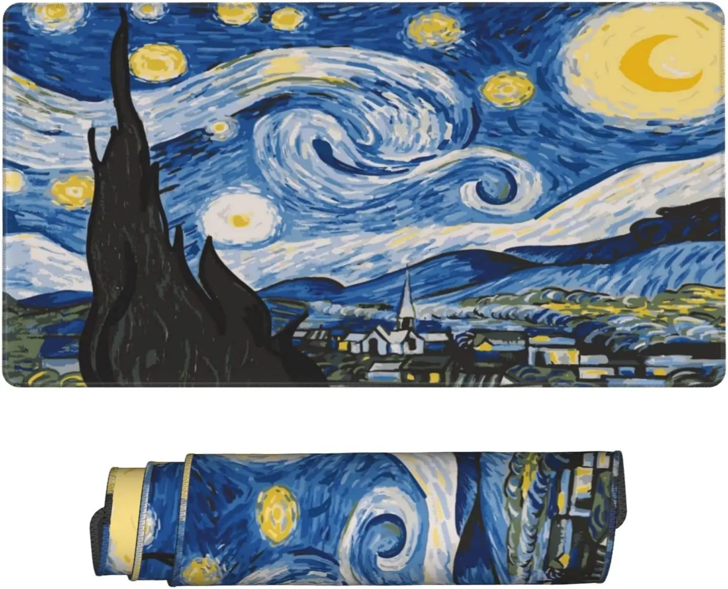 

Van Gogh Starry Night Oil Painting Keyboard Mouse Pad Mousepad Accessories Huge Extended XL Stitched Edge Rubber Sole 31.5X11.8