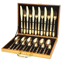 Retro Gold Cutlery Set Luxury Complete Tableware European Style Stainless Steel Spoon Fork Steak Knife Dinnerware Gift Box New