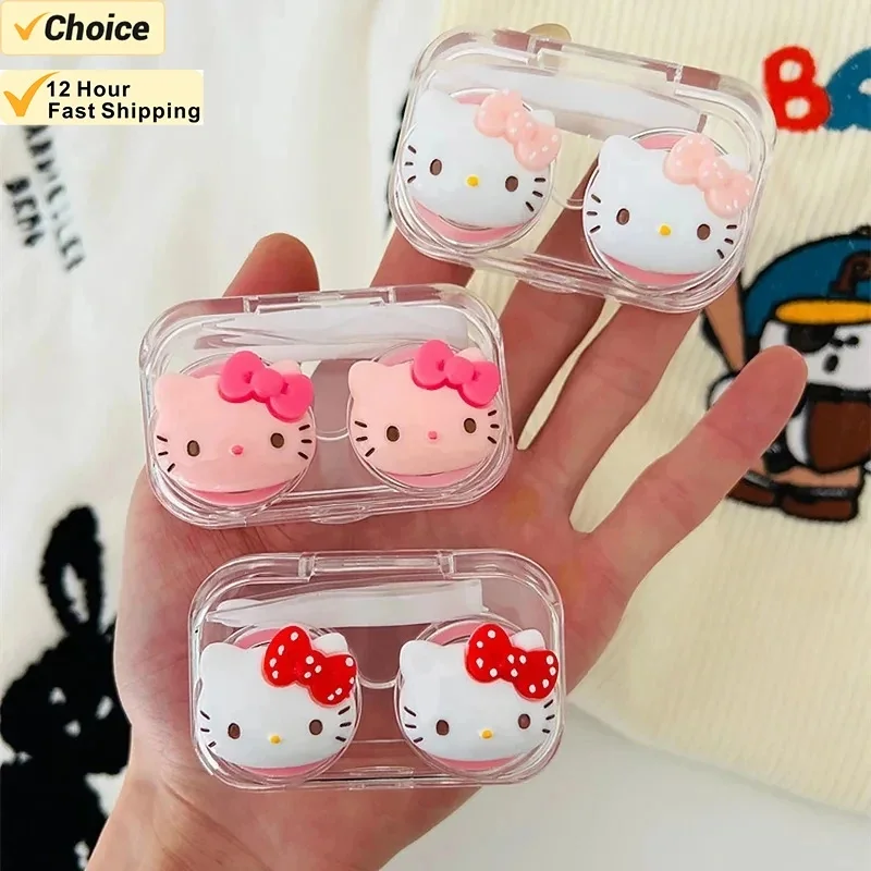 New Hello Kitty Contact Lens Case Transparent Cartoon Kawaii Portable Nearsighted Contact Lens Case Girl Travel Gifts