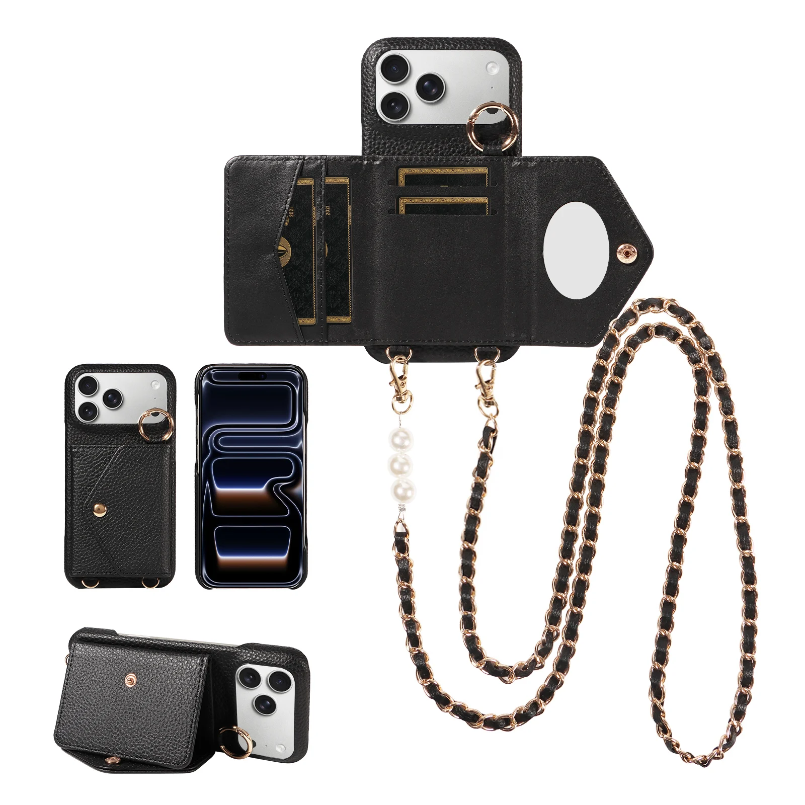 Neues Design PU-Leder-Handyhülle für IPhone 17 16 15 14 13 12 11 Pro Max Plus Mini Crossbody stoßfeste Brieftaschenhülle mit Spiegel