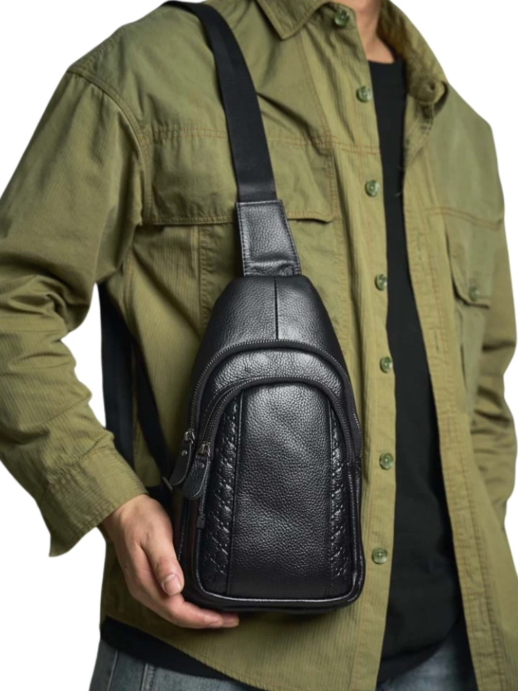 Bolsa masculina casual de couro de vaca, bolsa de peito de couro genuíno, bolsa de ombro mensageiro, bolsa masculina da moda