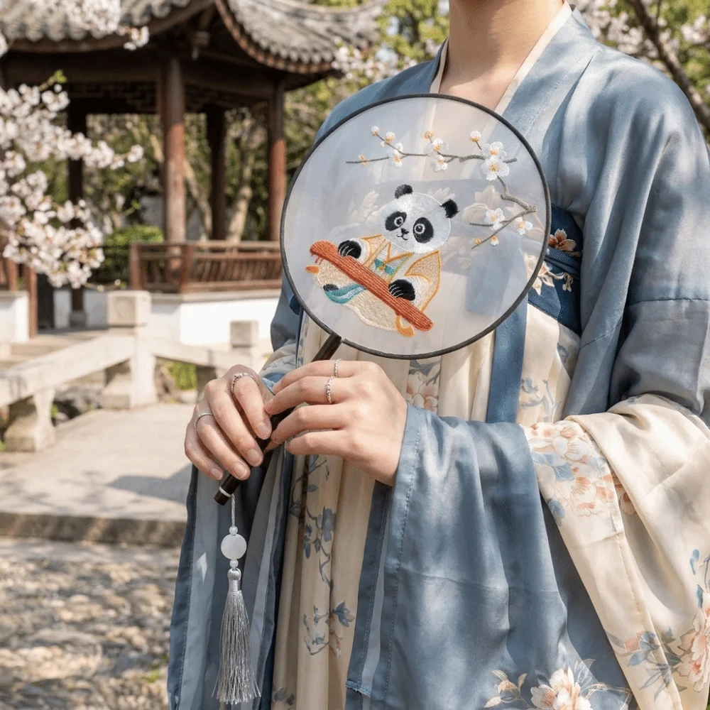 Wooden Handle Double Sided Embroidery Fan Flower Pattern with Tassel Embroidered Silk Fan Handheld Dance Fan Ancient Costume