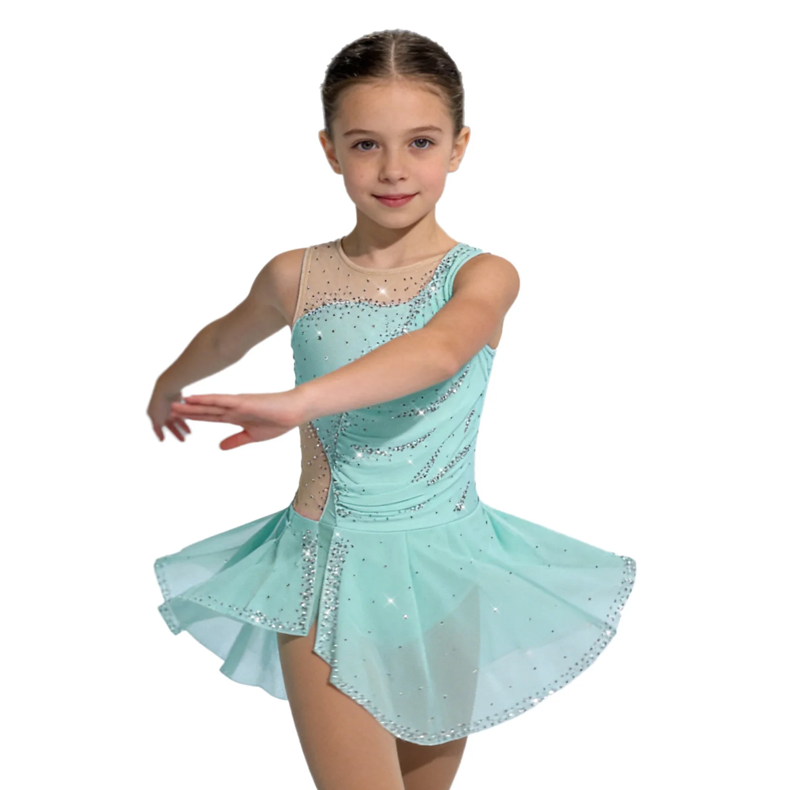 Kids Girls Figure Ice Skating Dance Costume Sleeveless Shiny Rhinestones Mesh Dress Leotard Ballet Rhythmic Gymnastics Dancewear