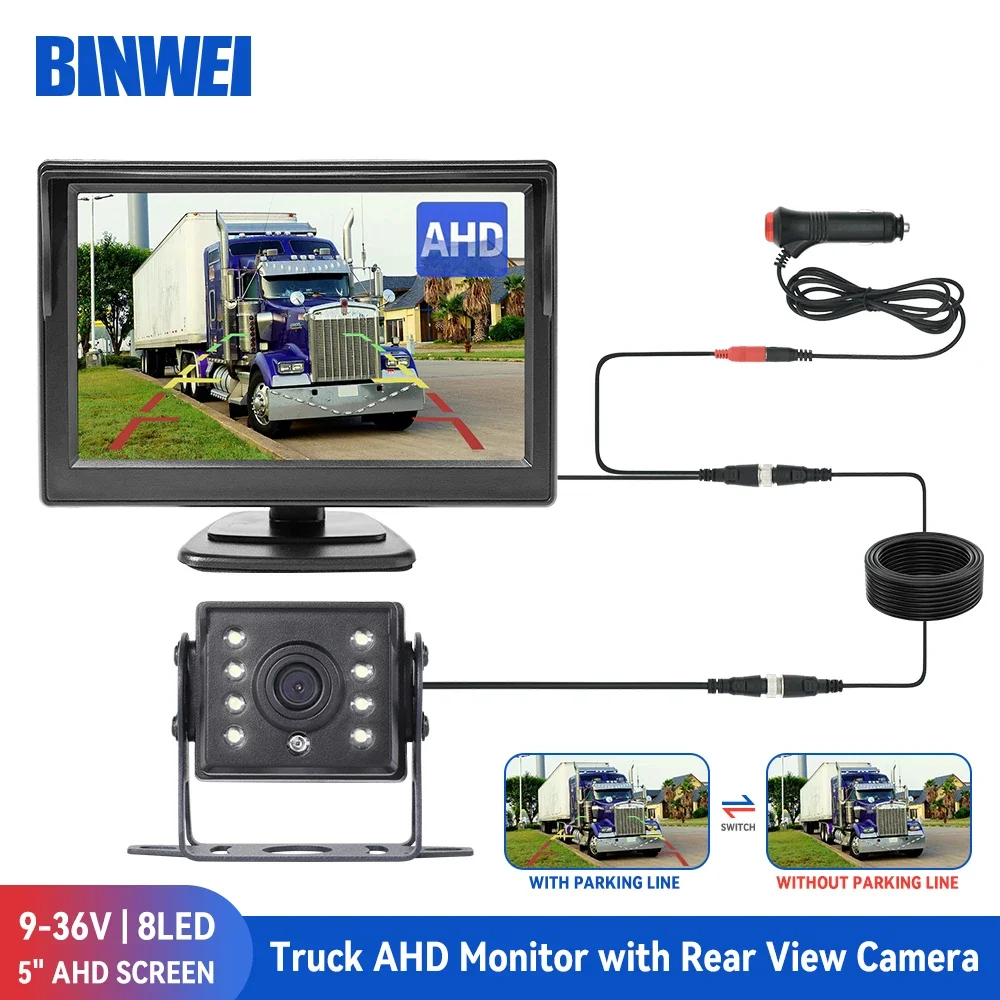 BINWEI Car 5 Inch AHD Monitor with Rear view Camera for Truck Paking Waterproof Rervesing Camera with Screen Easy Installation