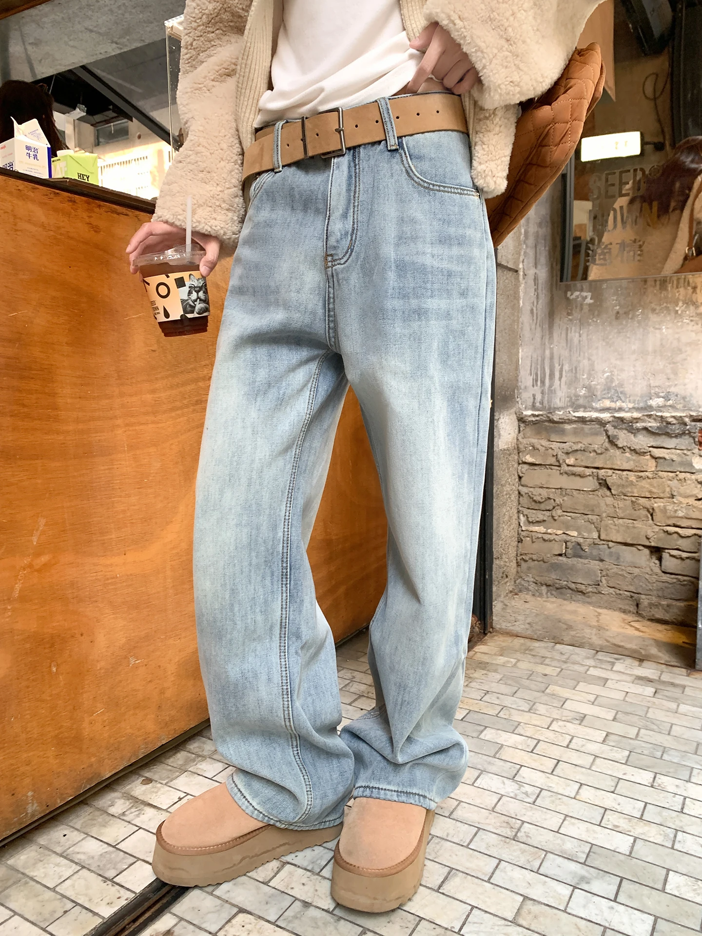 

Корейские женские джинсы с высокой талией, утепленные, синие, прямые, широкие штанины, зимние теплые брюки для женщин