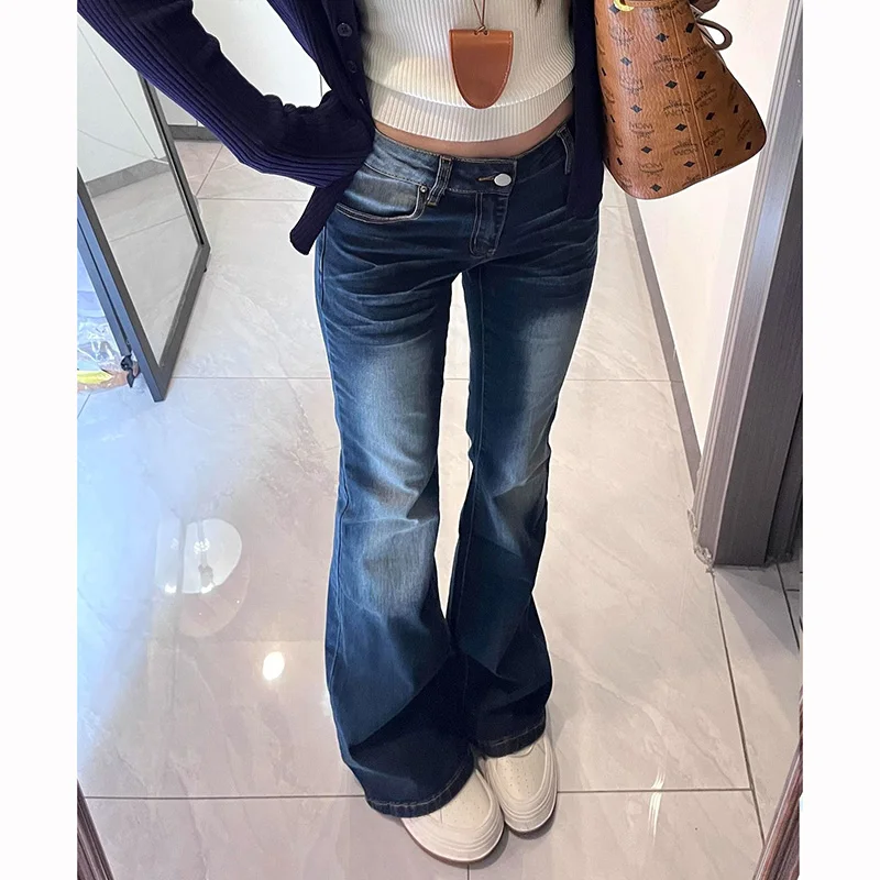 

2026 Female Chic Retro Low Waist Jeans Hot Sale Girls Thin Bell Bottom Pants Lady Korean Fashion Denim Trousers