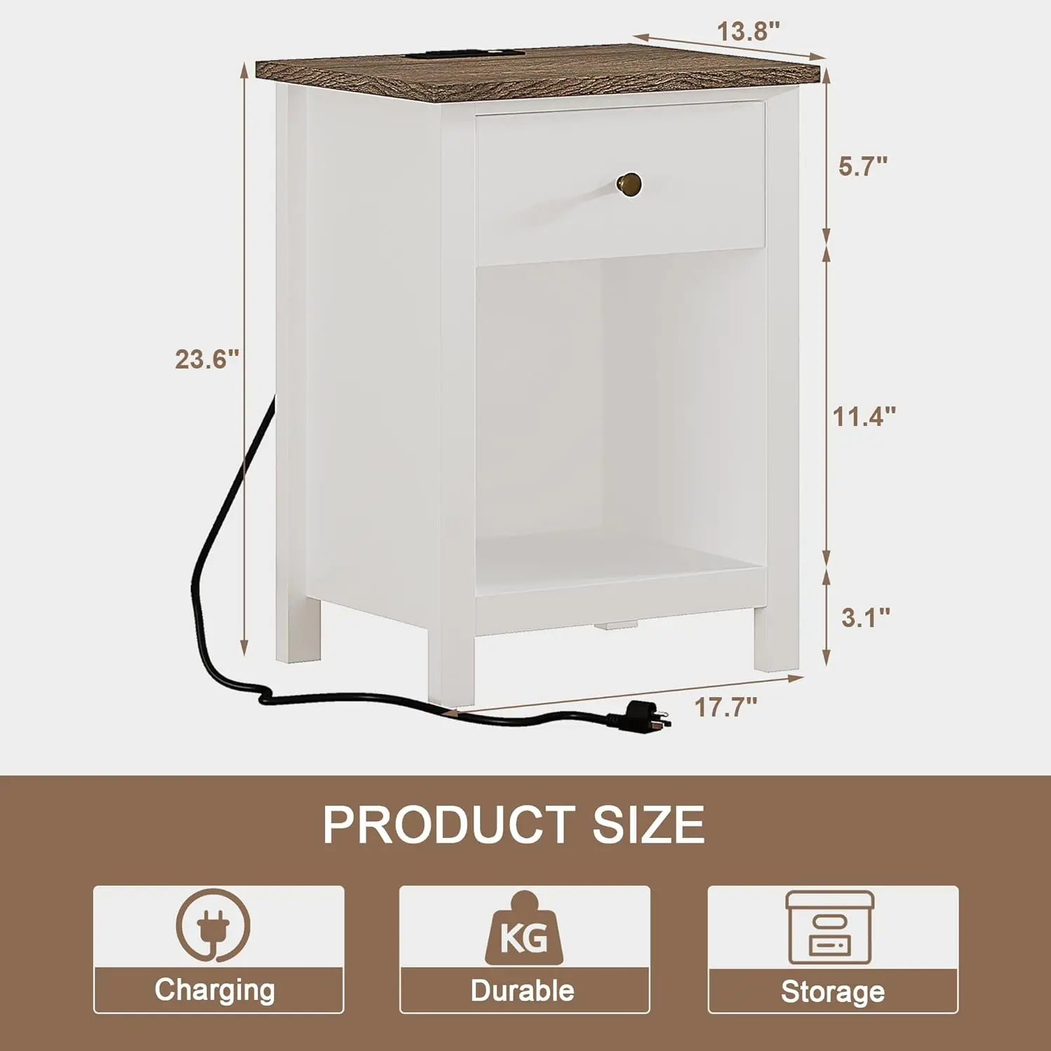 Farmhouse Nightstand Set Of 2,Night Stand With Charging Station, Wooden Top Bedside End Table With Drawer And Storage Space For