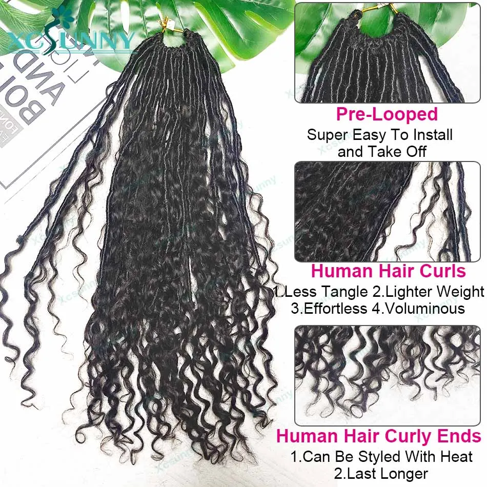 Crochet Boho Locs con rizos de cabello humano, cabello de ganchillo preenrollado, extremos de cabello humano rizado Jerry para mujeres negras, Locs sintéticos