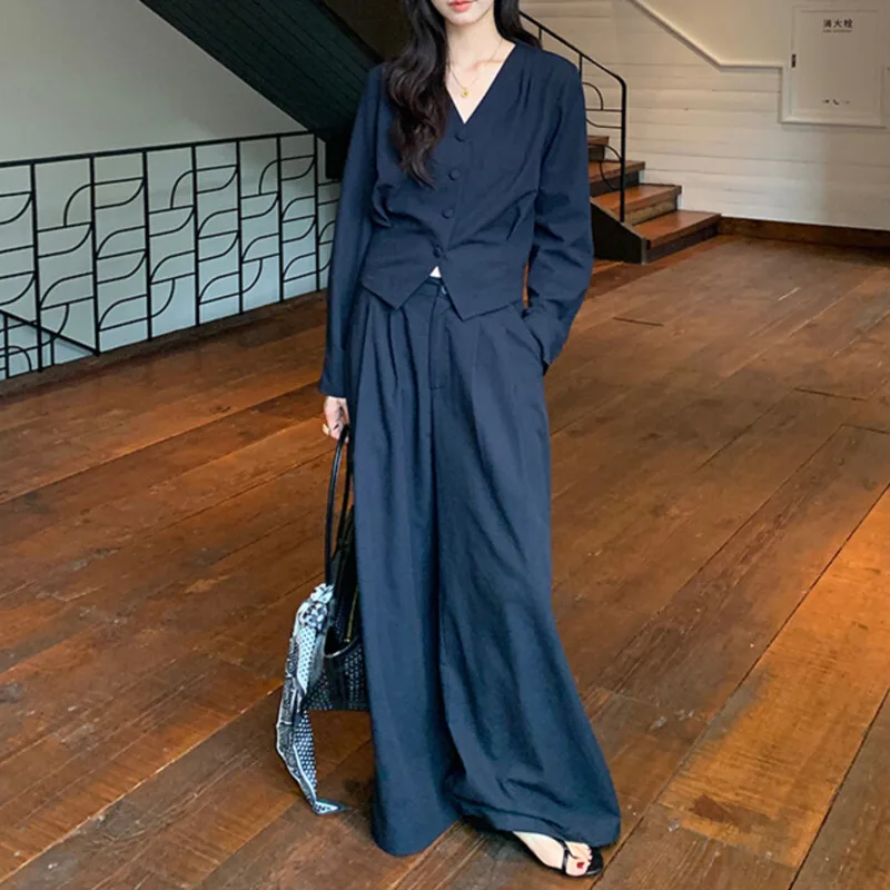 KWTX 여성용 투피스 세트 2025 봄 여름 캐주얼 레트로 V넥 긴팔 셔츠 하이웨이스트 와이드 레그 팬츠 우아하고 편안함