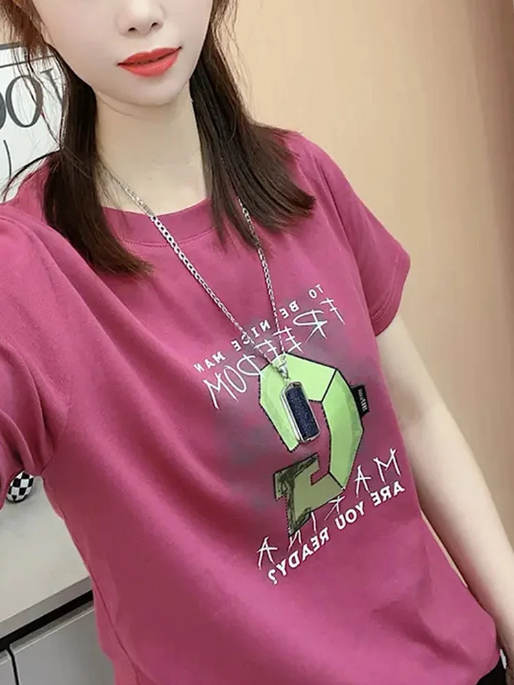 

Summer New Sle Women's Pure Cotton ort Sve T-irt round Ne Printed Casual Loose Fit Faion Slimming Top