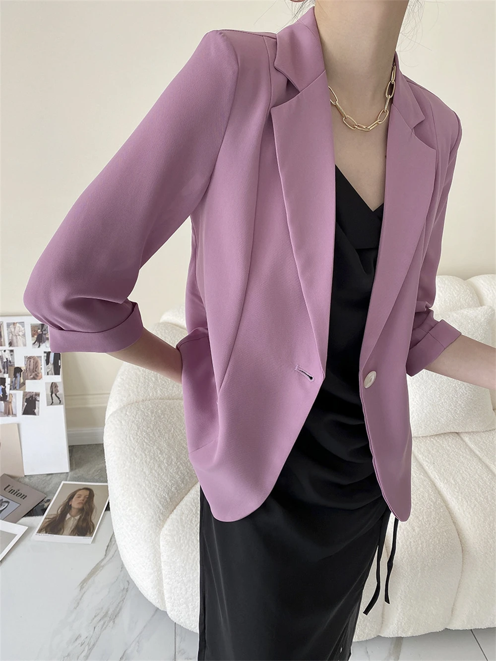 Korean Casual Slim Blazer Coat Office Ladies Tops Outerwear Female Solid Color Simple Temperament Single Button Suit Jacket Gift