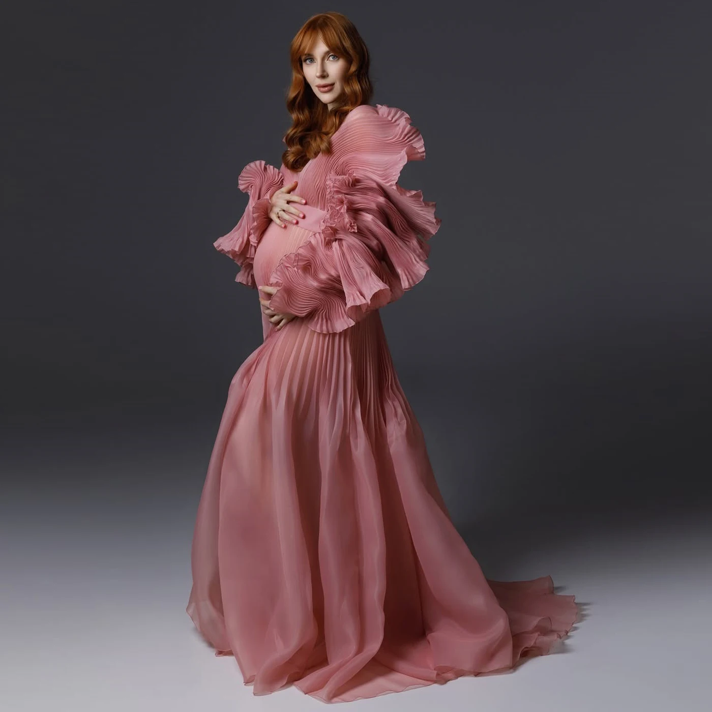 

2026 Unique Maternity Gown Pregnancy Babyshower Dress Custom Fairy Pleated Pink Maternity Dresses Photoshoot V Neck Puff Sleeves