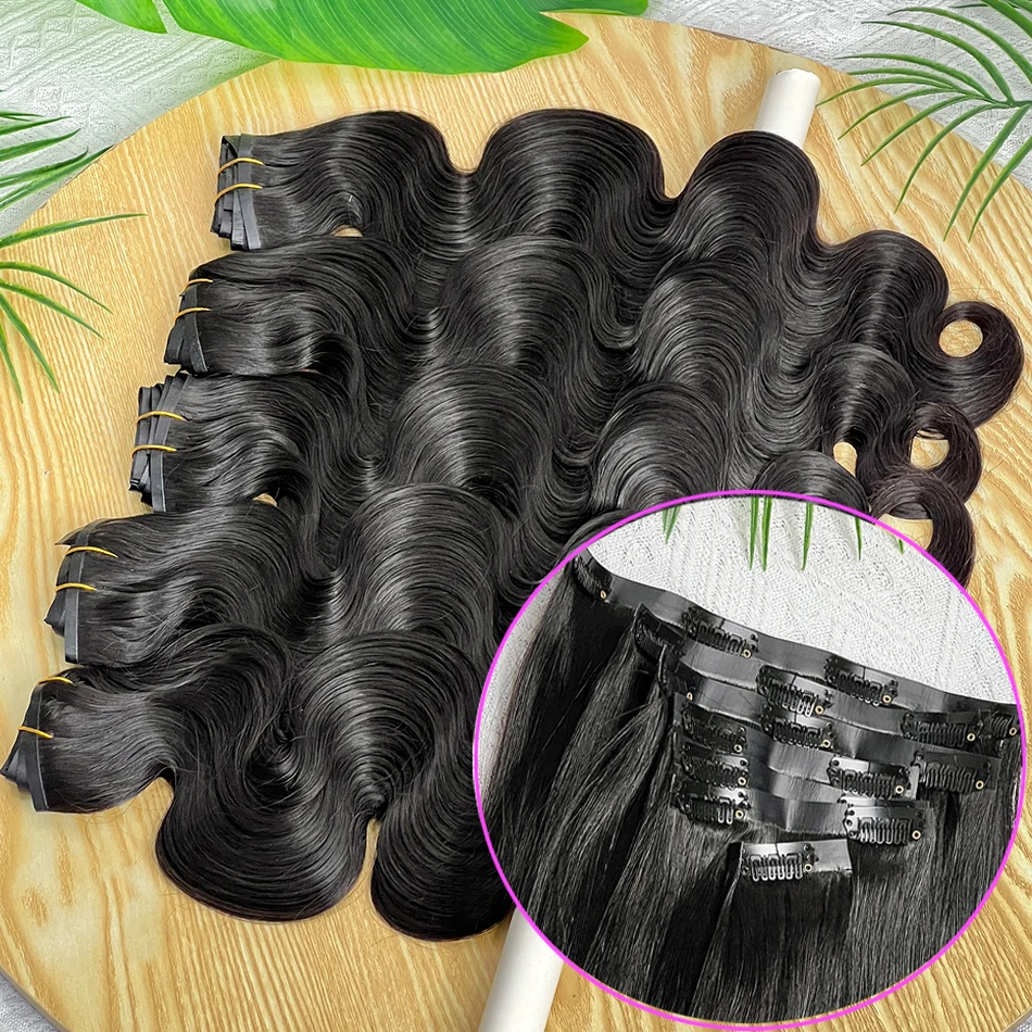 وصلات شعر بشري بمشبك مموج 100 جرام 7 قطع/مجموعة # 1B مشابك لحمة من البولي يوريثان بدون خياطة باللون الأسود الطبيعي في الشعر الفيتنامي #2