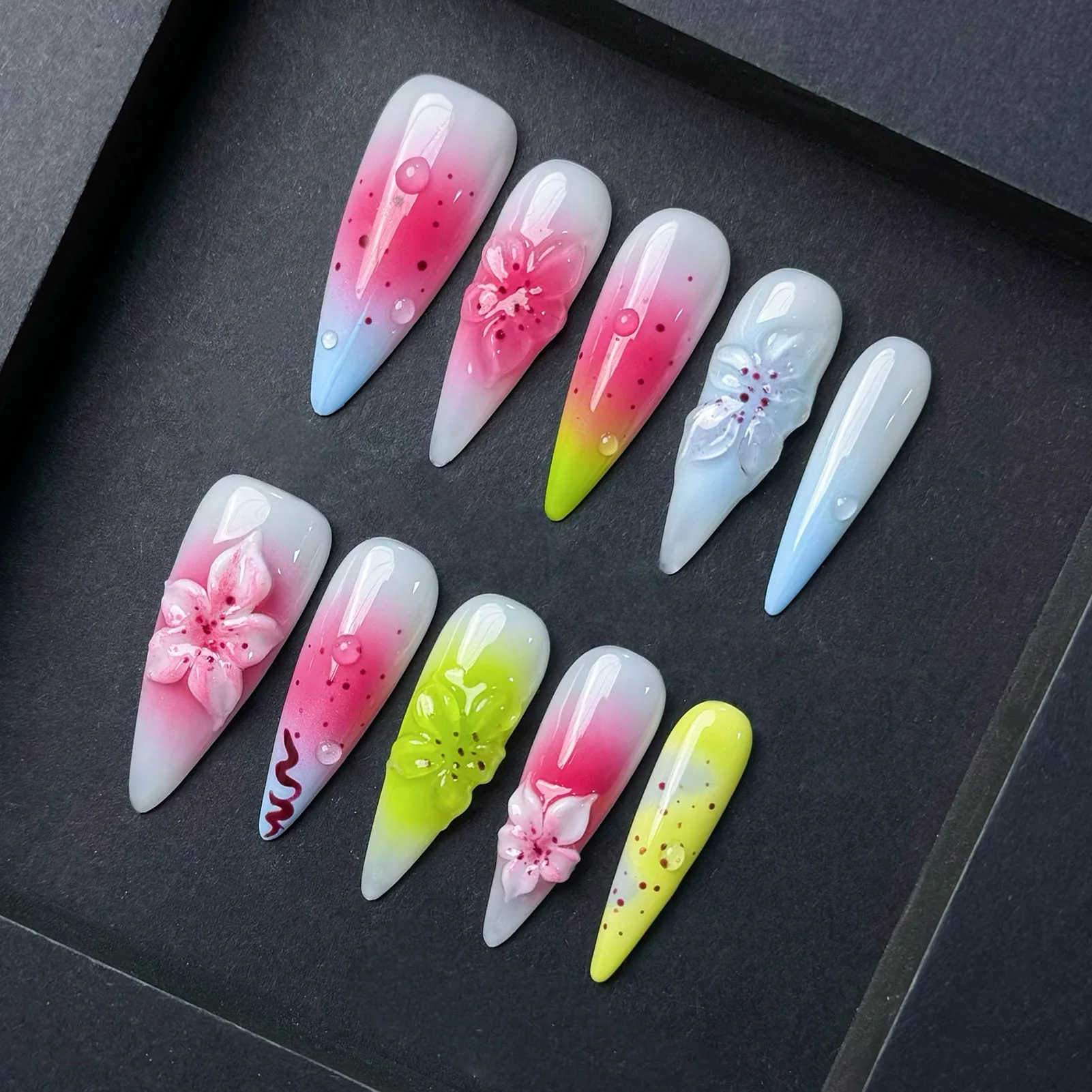 

10pcs Hand-carved Flower Press On Nails Blush Smudging Pink Blue Green Handmade False Nails Long Ballet Summer Fake Nail Patches