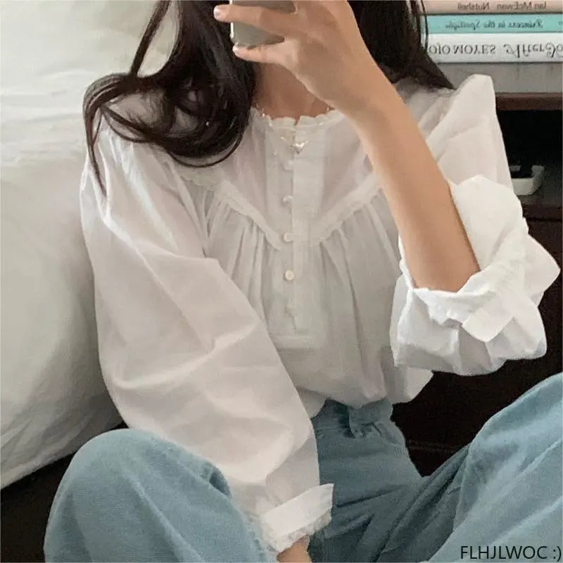 Chic Korea Tops Blusas Women 2023 New Design Solid Color Casual Loose Belly Cotton Blends Retro Vintage Shirts Blouses