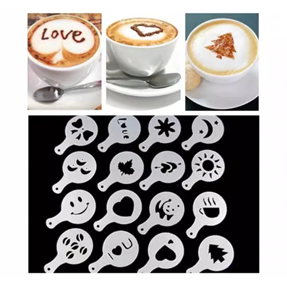 16PCS Plastic Latte Mold Fancy Coffee Print Model Thickened Milk Foam Spray Pattern Template