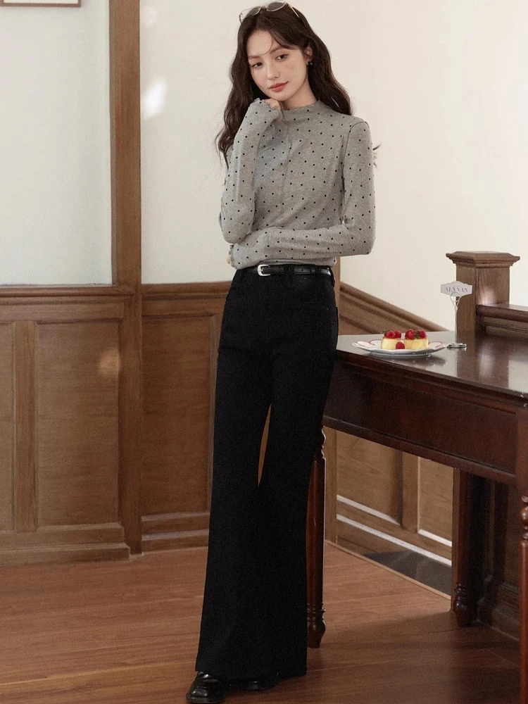 ALXNAN 빈티지 폴카 도트 티셔츠 그레이 모크 넥 러플 트림 긴팔 풀오버 레귤러 숄더 슬림핏 클래식 탑스 L58602