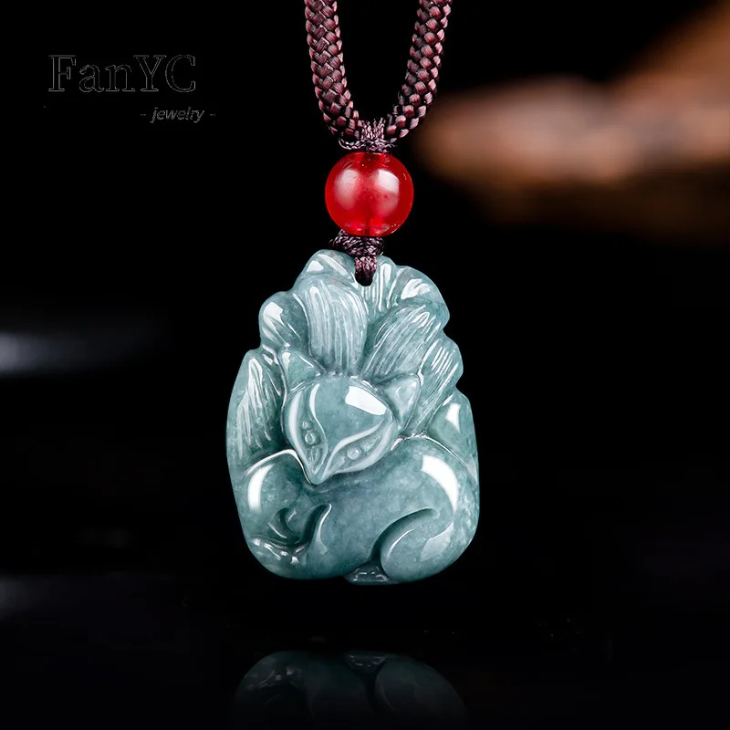 Genuine Natural A-good Jadeite Blue Water Nine-tailed Fox Pendant Simple Fashion Cute Girls Jewelry Necklace Ladies Holiday Gift