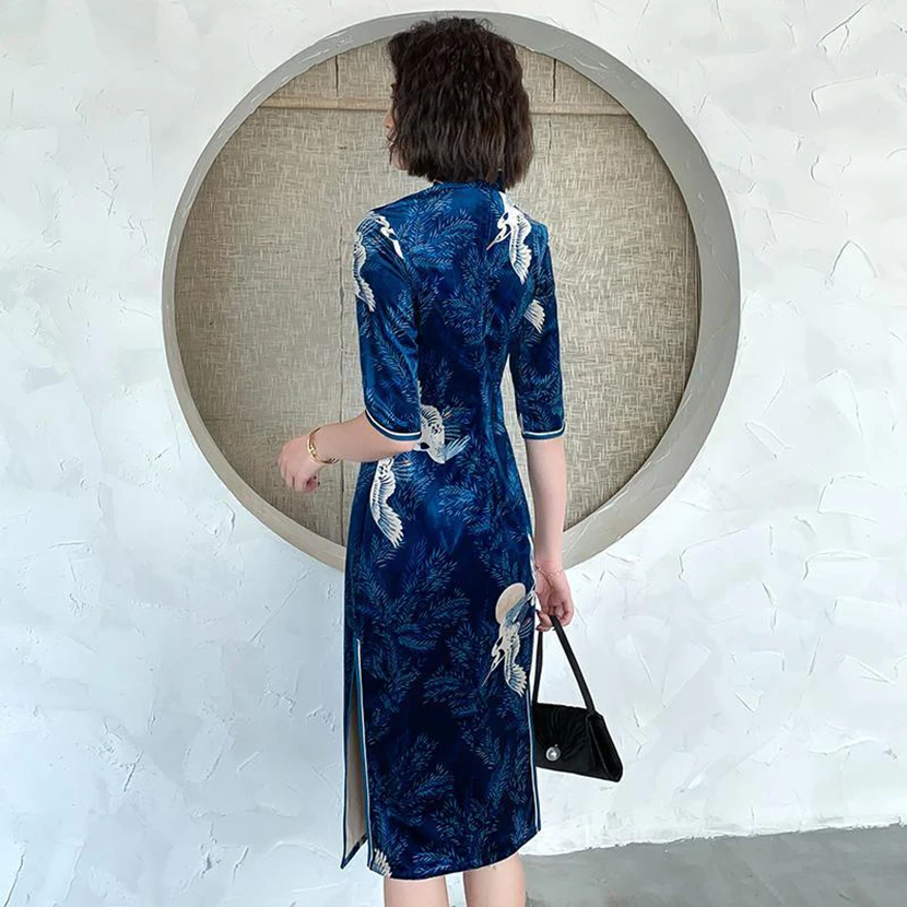 Modern Long Sleeve Qipao Dress for Women, Chinese Traditional Cheongsam, Red Blue Dress