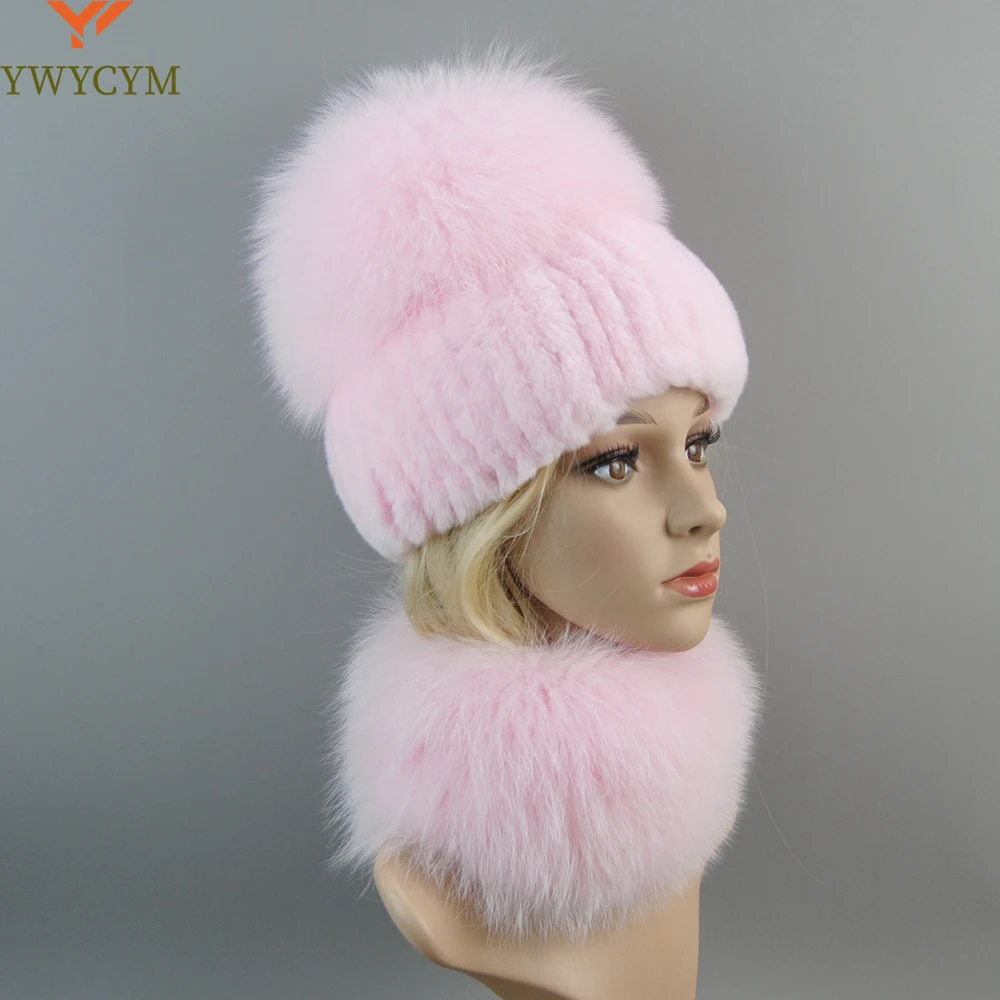 Luxury Women Winter Luxury Real Rex Rabbit Fur Hat Scarf 2 Pieces Knitted Rex Rabbit Fur Hat Top Natural Fox Fur Cap Scarves Set