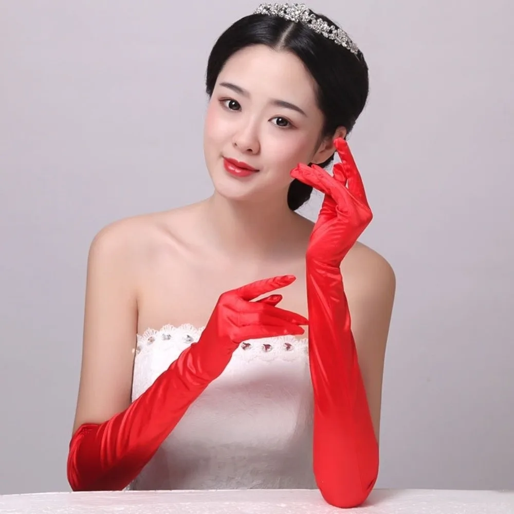 Picture 4: Ceremony Elegant Beaded Bridal Gloves Full Finger Long Wedding Gloves Black Solid Color Satin Gloves Bridal Party