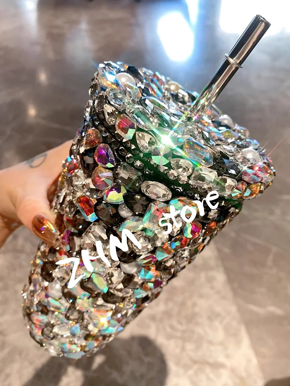 500ml Big Bling Rhinestone Sparkle DIY Handmade Stainless Steel Luxury Car Cup with Straw