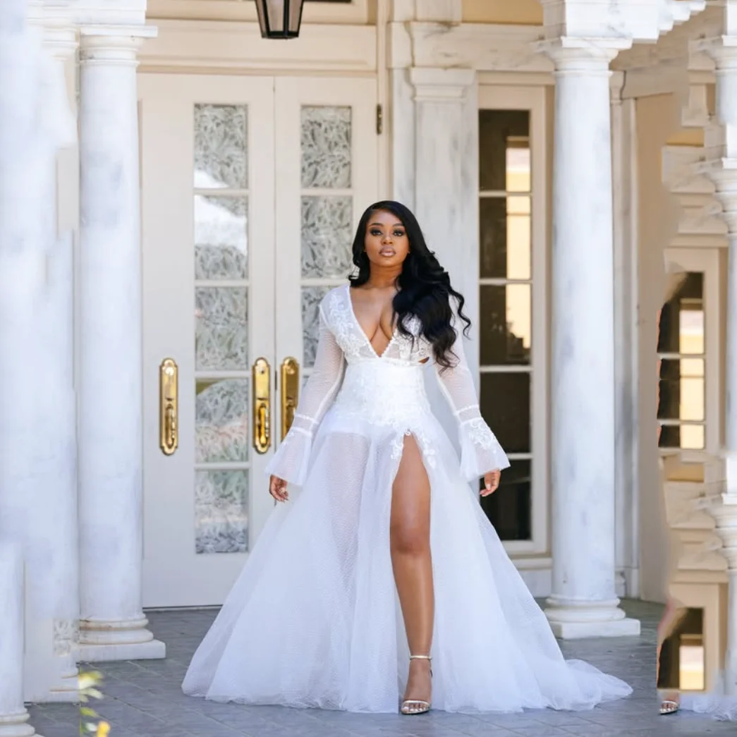 

Photography White Lace Sheer Dresses Tulle A Line Long Sexy Party Dress Slit Full Sleeve Custom Made Transparent Prom Gowns