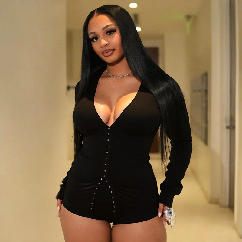 

Women Solid 2 Piece Set Sexy V Neck Long Sleeve Metal Single Breasted Cardigan Tops + Shorts 2025 Autumn Slim Casual Suits