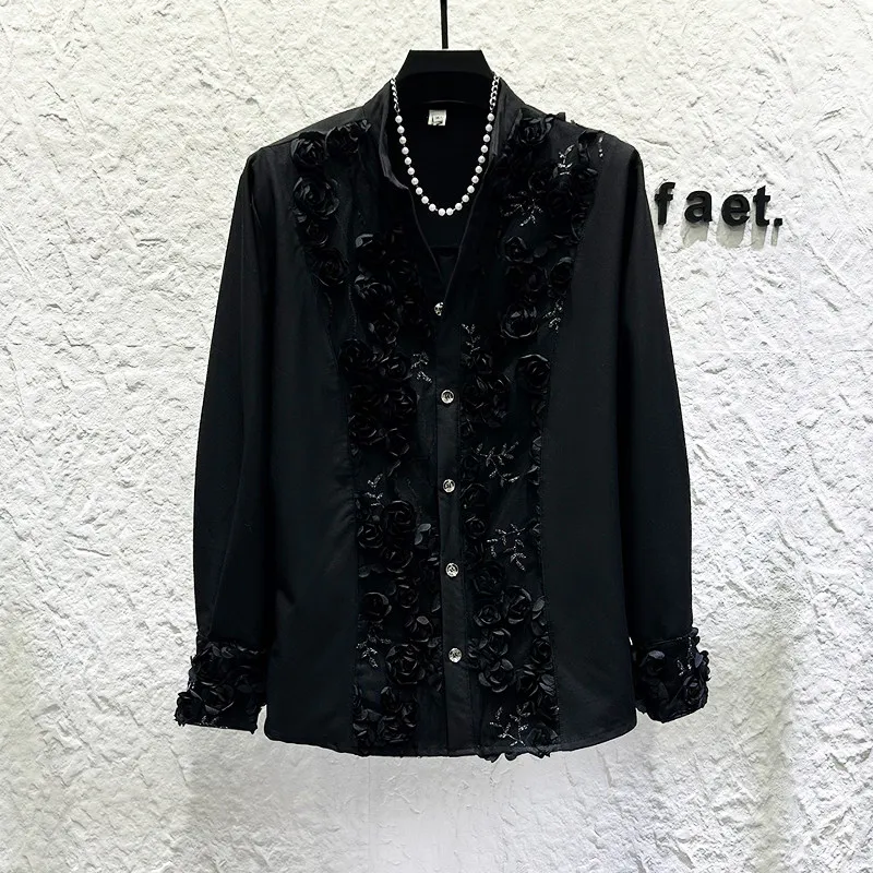 

Rose Embroidered Shirt Men Long Sleeved Trendy Loose Stand Collar Casual Shirts Social Banquet Party Stage Performance Clothing