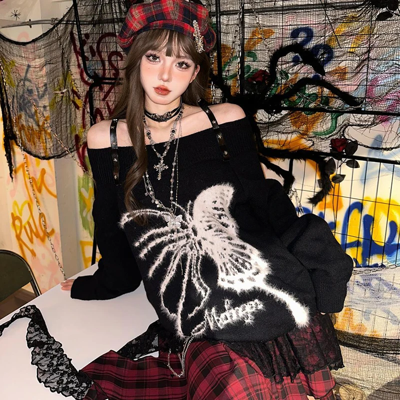 

Butterfly embroidered Loose pullover Harajuku sweater Subculture y2k knitted top kawaii Aesthetic sweet vintage Lady sweater