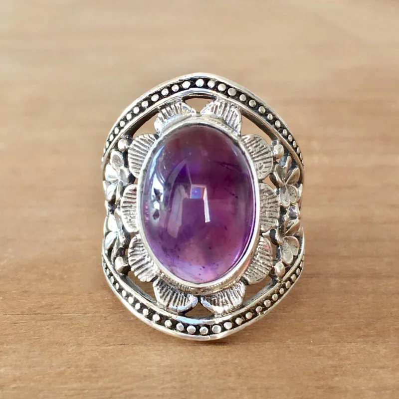 Exquisite Vintage Hollow out Flower Set Amethyst Nepalese Distressed Unisex Ring