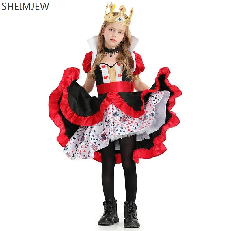 New Poker Queen Cosplay Costume For Kids Girls Alice In Wonderland Peach Heart Queen Poker Printed Dresses Carnival Party Dress