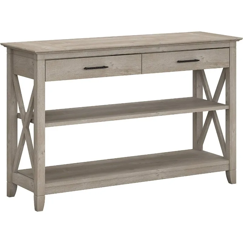 Bush Furniture Key West Console Table with Drawers and Shelves in Washed Gray