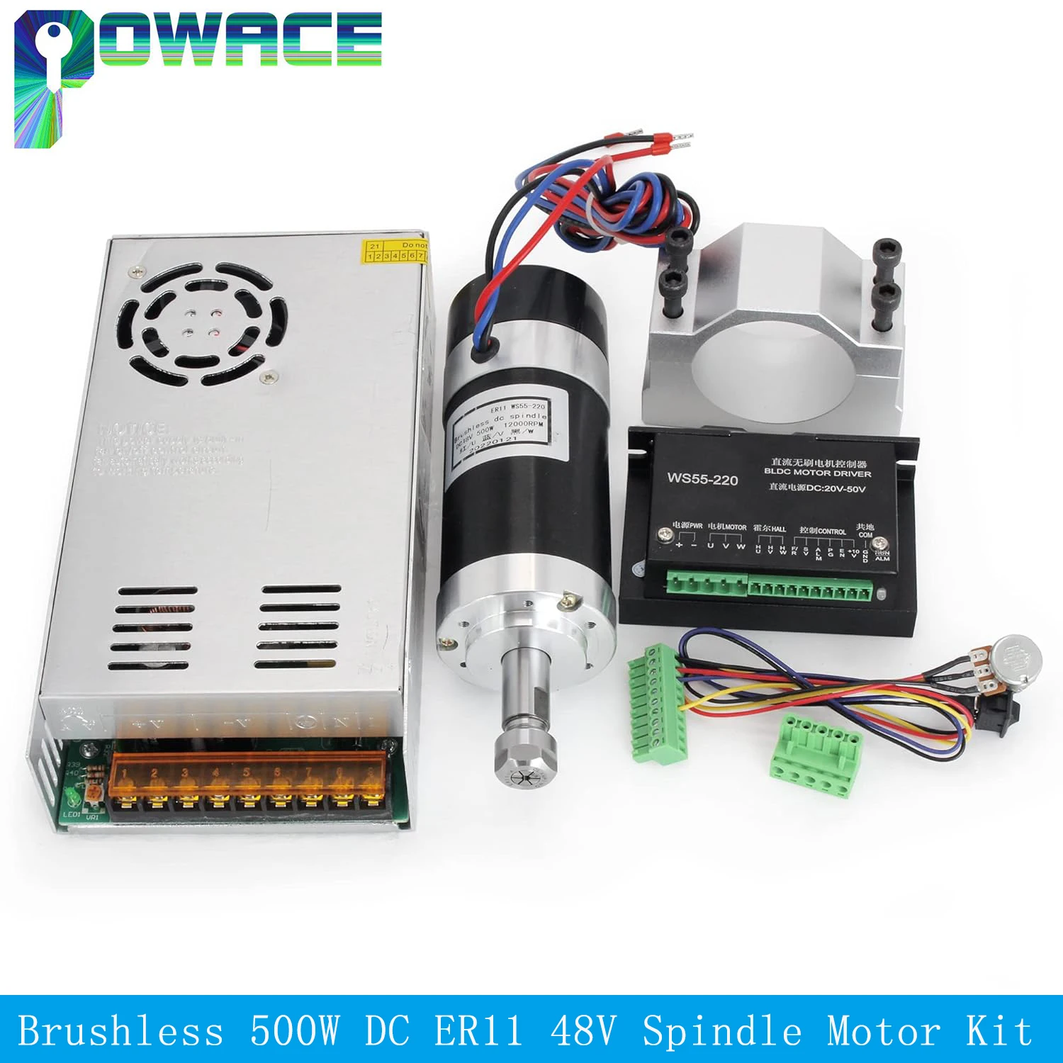 Brushless 500W ER11 48V Air Cooled DC Spindle Motor 0.6N.m 12000RPM CNC Router Milling With BLDC Driverr