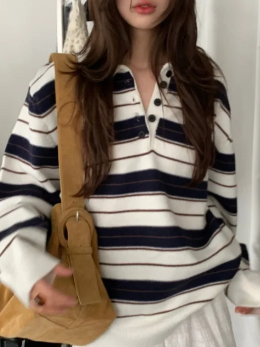 Sweater Rajut Wanita Model Longgar Motif Garis Tebal untuk Musim Gugur dan Musim Dingin, Desain Overhead, Gaya Kasual, Pakaian Rajut Modis