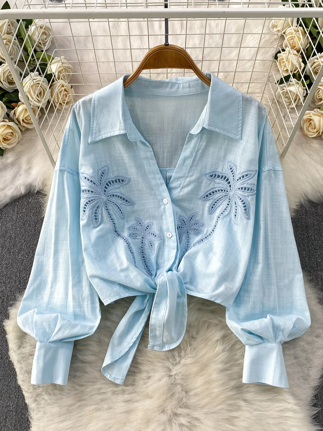 

Korean Style Sweet Blue Coconut Tree Collar Shirt Women's Summer Sexy Short Banded Top Long Sleeve Loose Fit Sunscreen