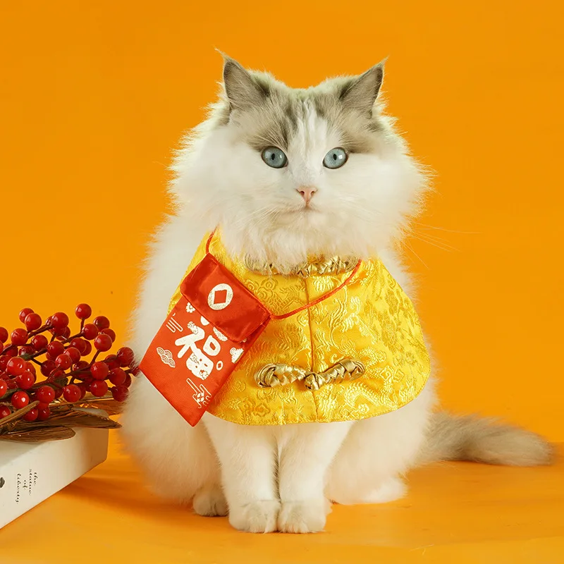 Pet Cat Costume Chinese Style Tang Suit Spring Festival Cape Neck With Red Envelope Christmas Day New Year Warm Cloak Costume